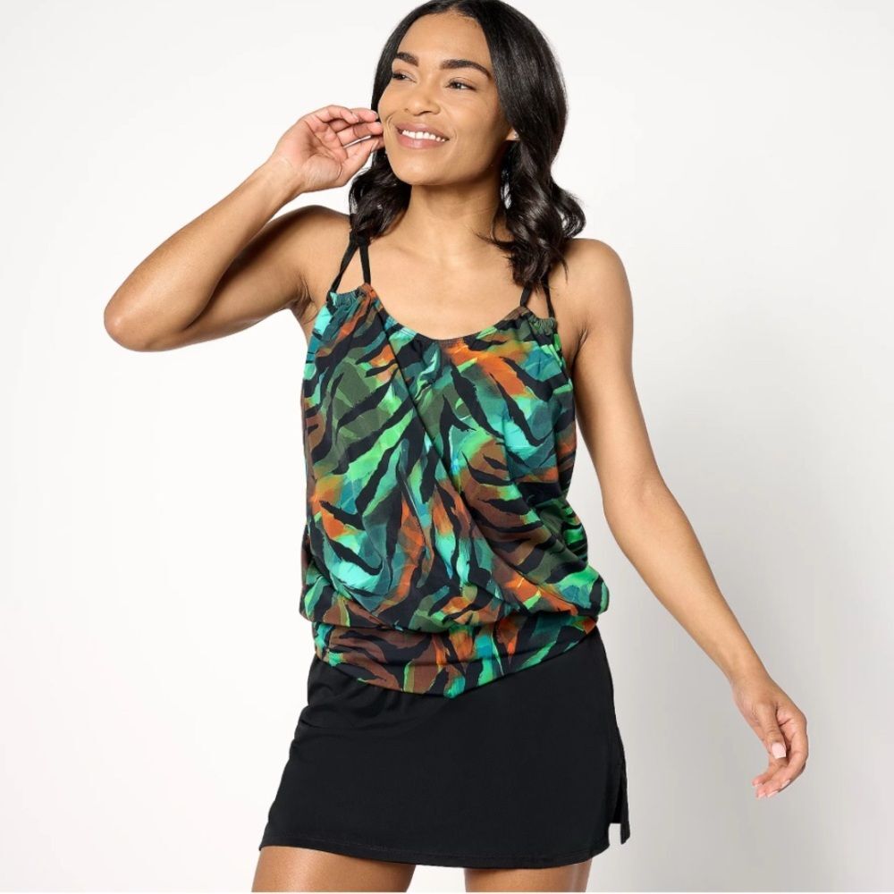 Swimsuits For All Green Black Tropical Print One-Piece Swim Dress